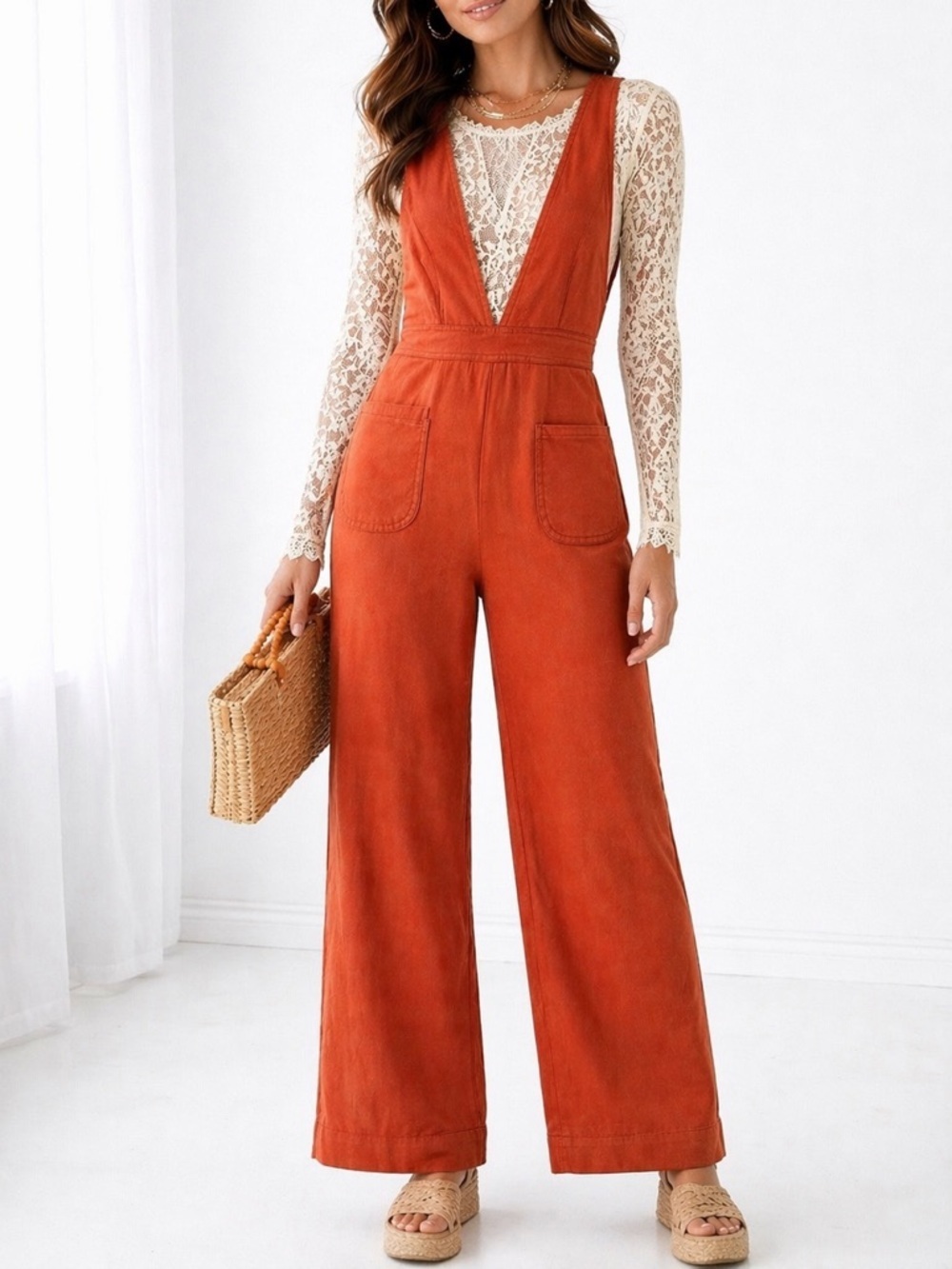 Montrez Wide Leg Jumpsuit Rust Orange Overalls Adjustable Top Boho Flare Pants